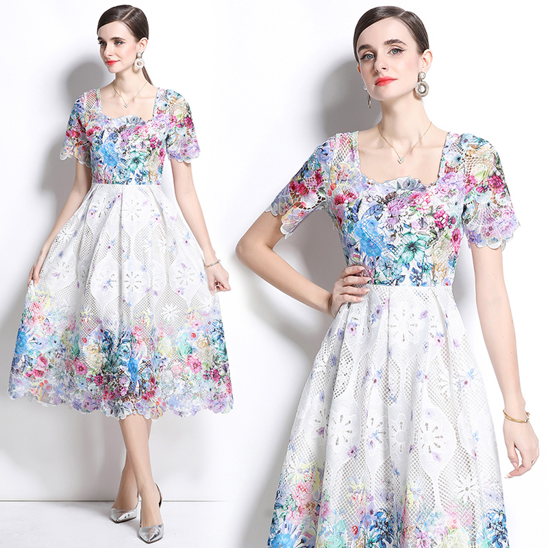 Fashion hollow lace short sleeve spring and summer long dress