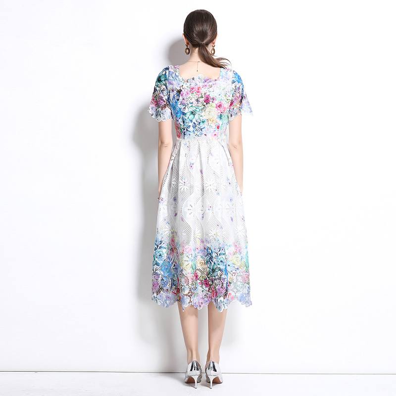 Fashion hollow lace short sleeve spring and summer long dress