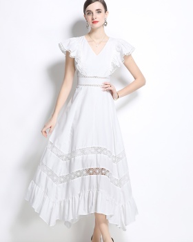 European style boats sleeve hollow vacation dress