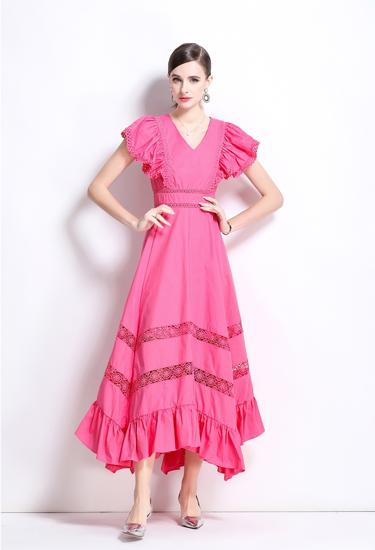 European style boats sleeve hollow vacation dress