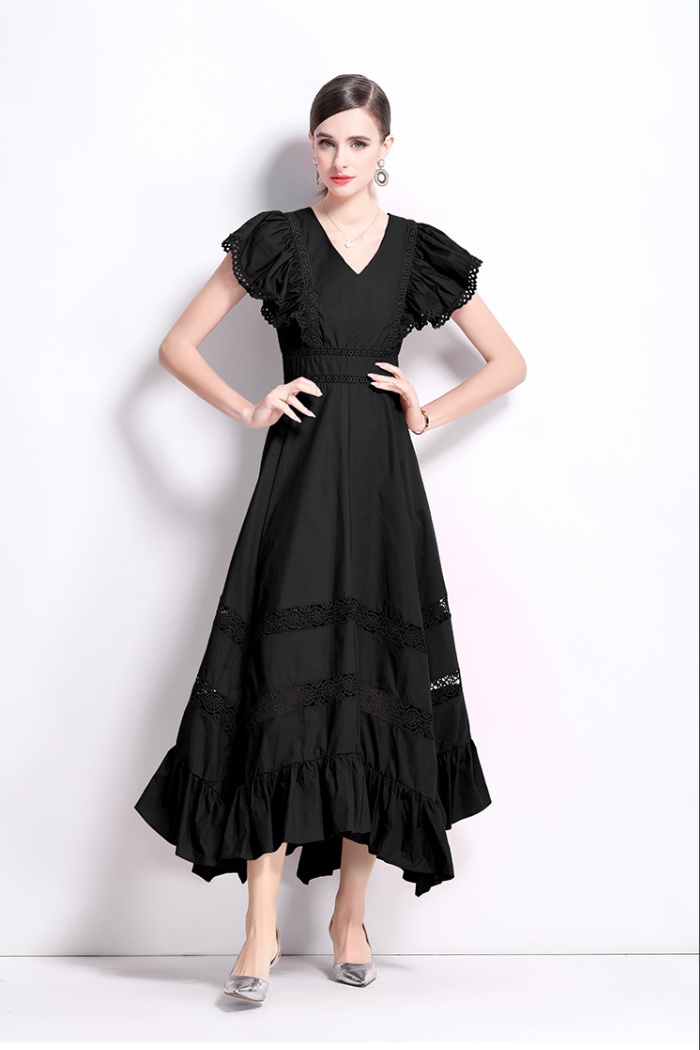 European style boats sleeve hollow vacation dress