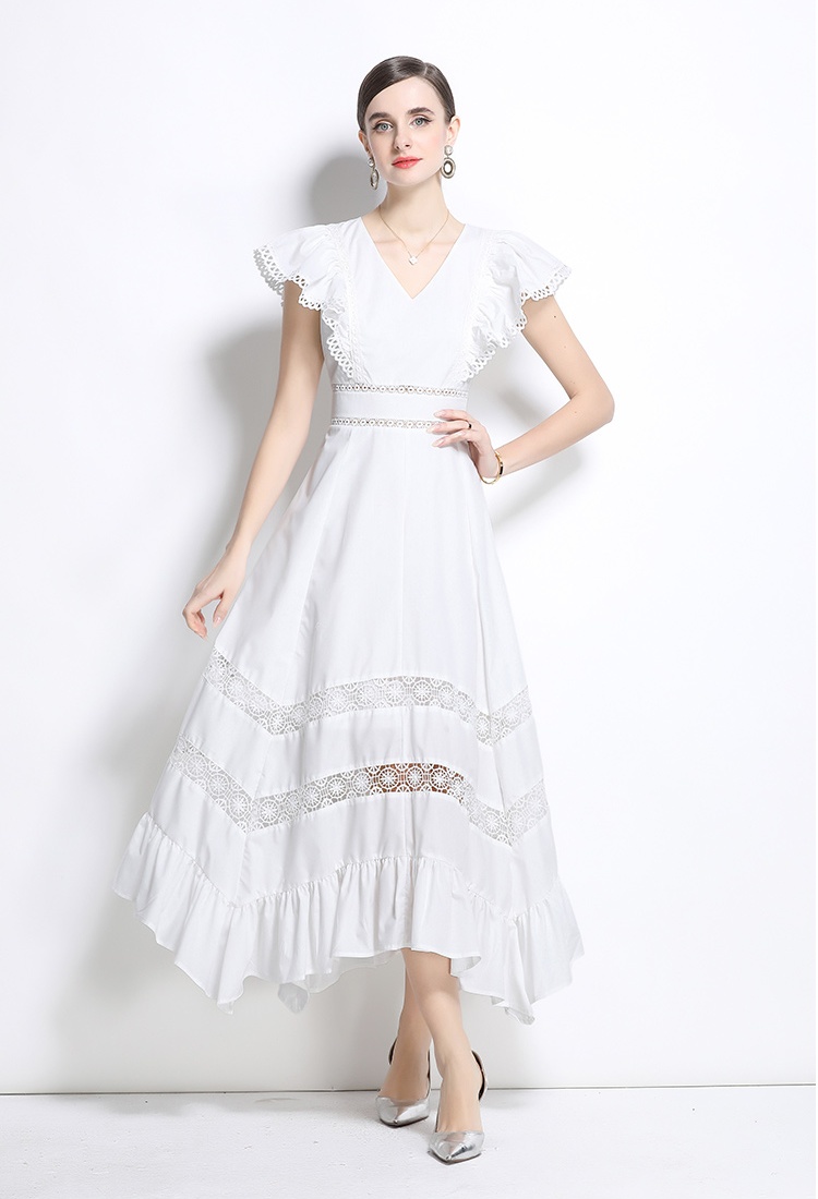 European style boats sleeve hollow vacation dress