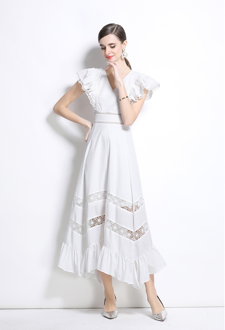 European style boats sleeve hollow vacation dress