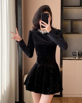 Slim sequins black short pinched waist dress