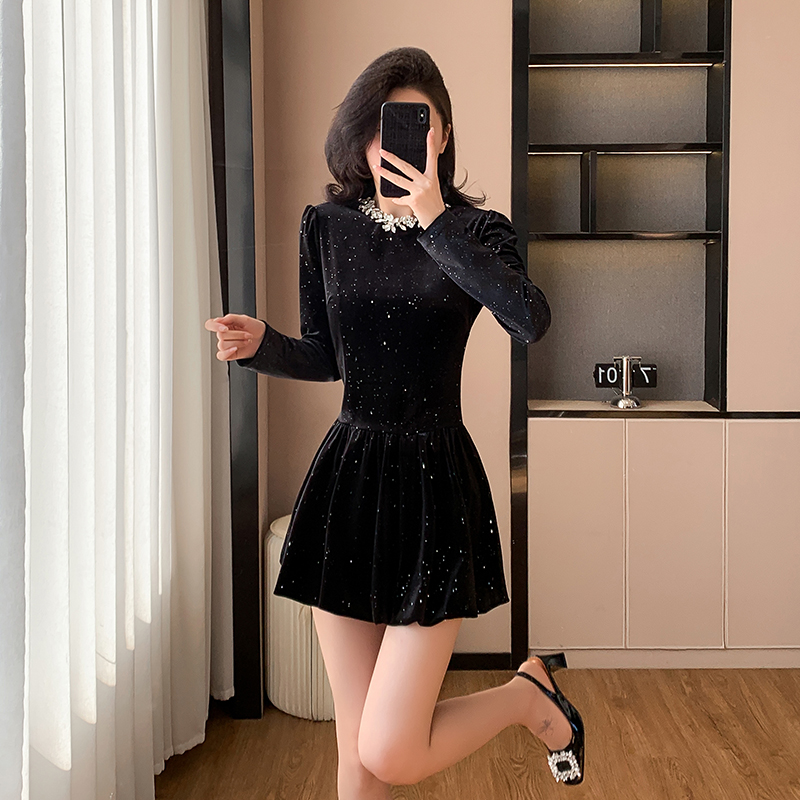 Slim sequins black short pinched waist dress