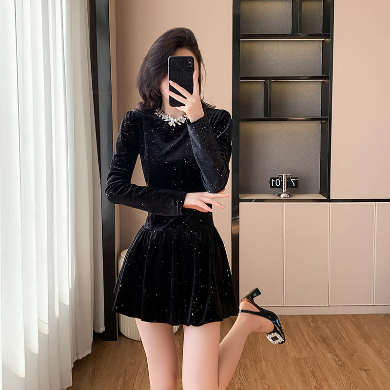 Slim sequins black short pinched waist dress