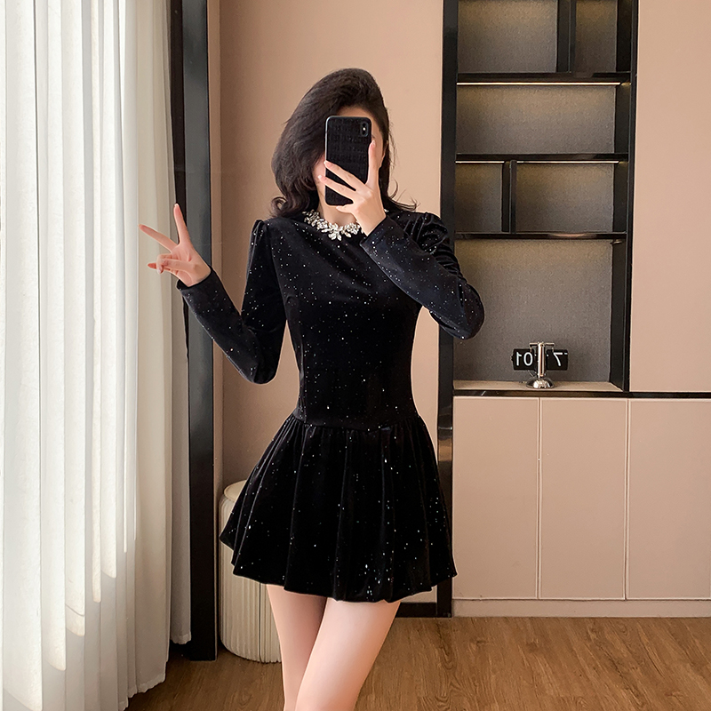 Slim sequins black short pinched waist dress