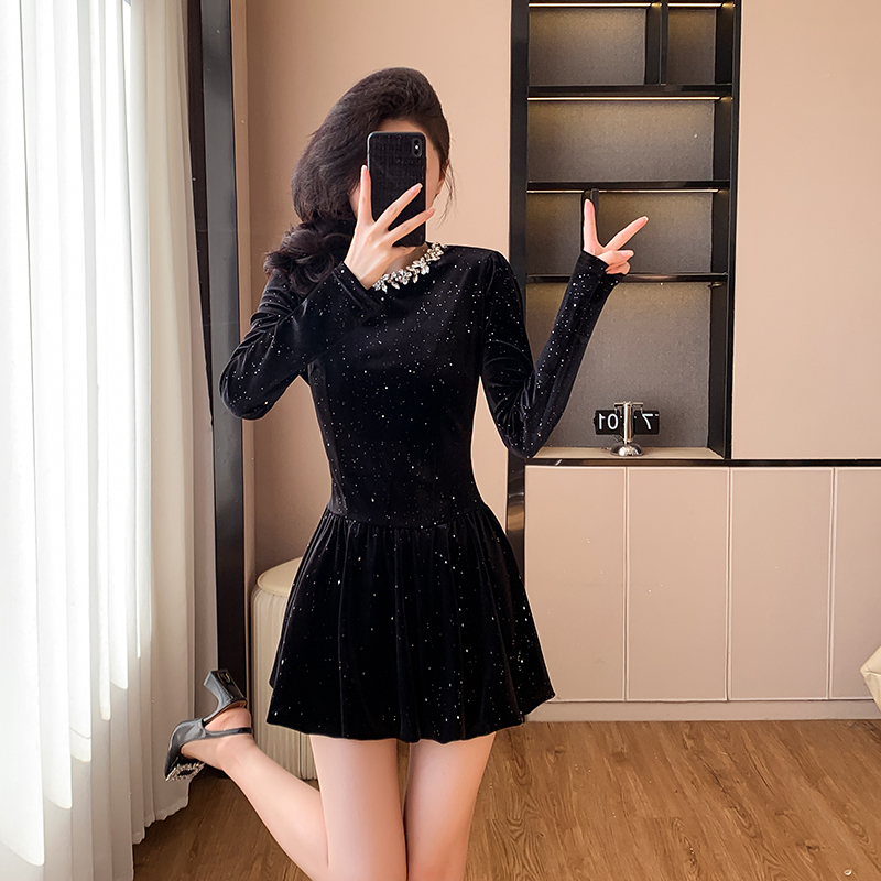 Slim sequins black short pinched waist dress