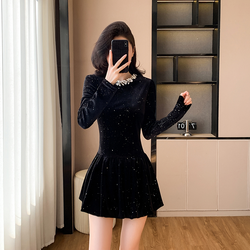 Slim sequins black short pinched waist dress