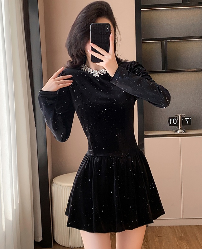 Slim sequins black short pinched waist dress