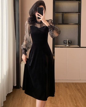 Temperament A-line black velvet France style ladies dress