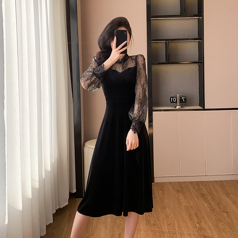 Temperament A-line black velvet France style ladies dress