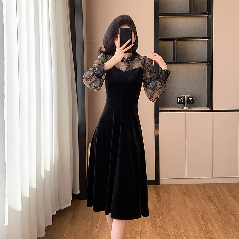 Temperament A-line black velvet France style ladies dress