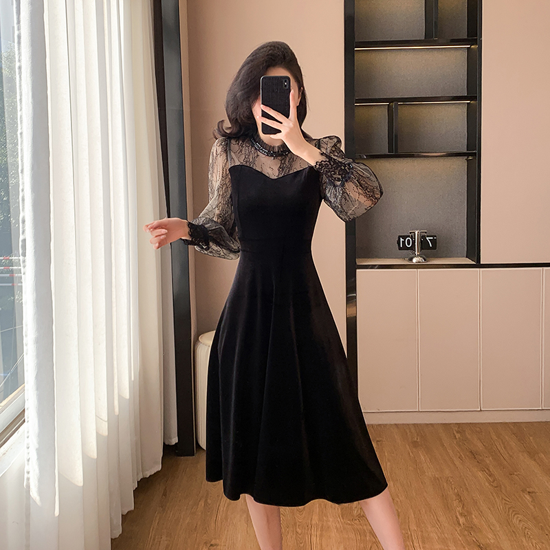 Temperament A-line black velvet France style ladies dress