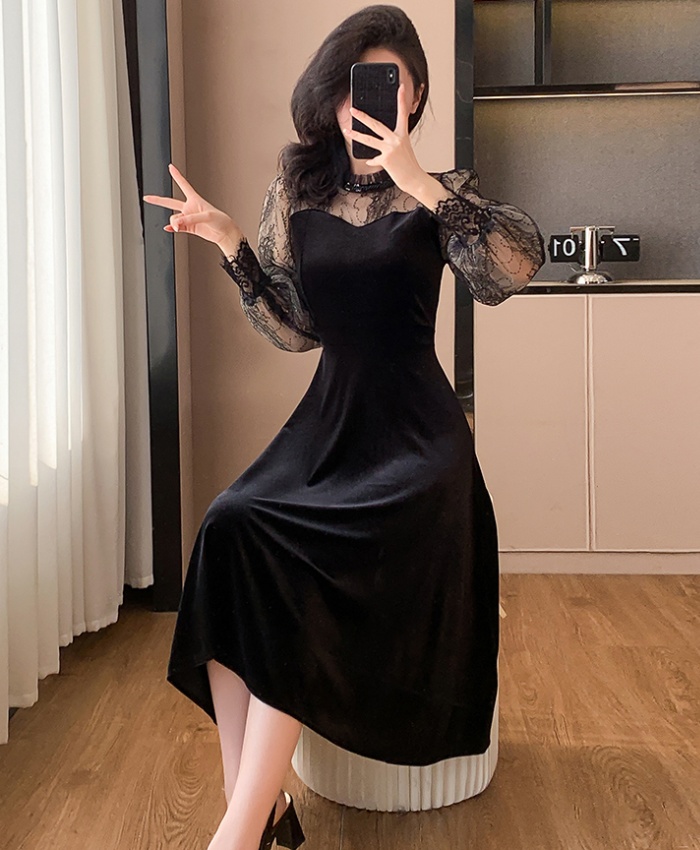 Temperament A-line black velvet France style ladies dress