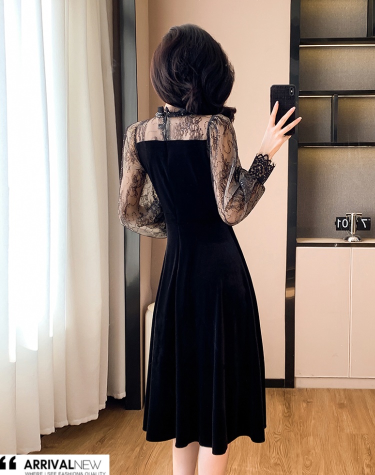 Temperament A-line black velvet France style ladies dress