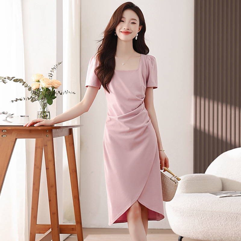 Slim France style pinched waist summer split long dress for women