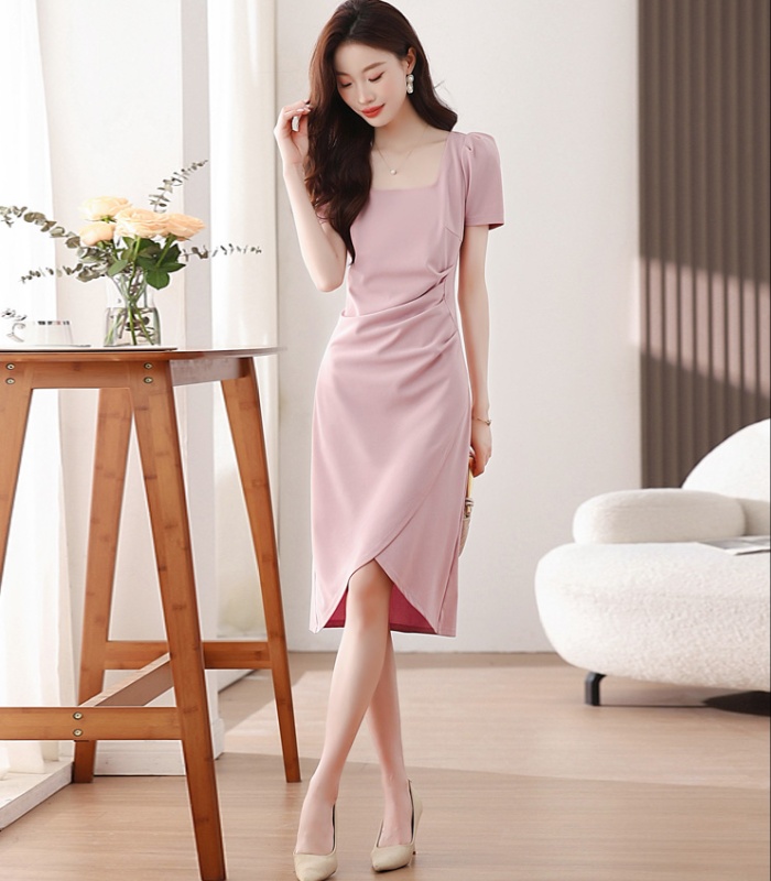 Slim France style pinched waist summer split long dress for women