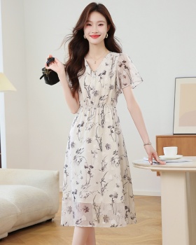 Lotus sleeve printing ink chiffon dress for women