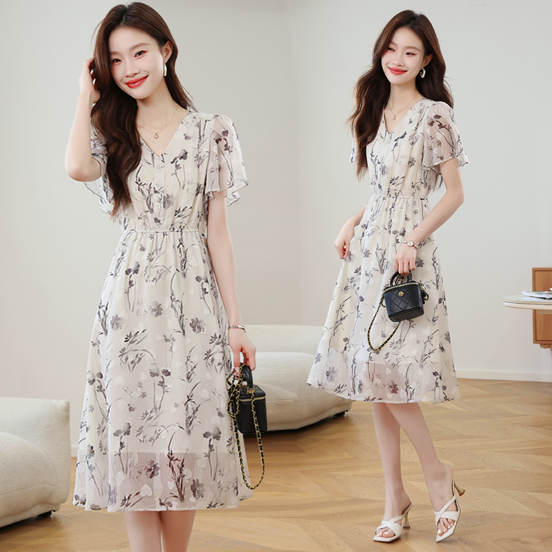 Lotus sleeve printing ink chiffon dress for women