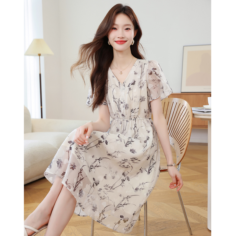 Lotus sleeve printing ink chiffon dress for women