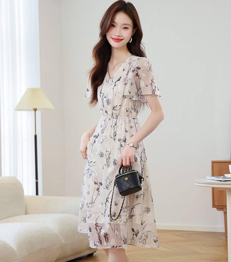 Lotus sleeve printing ink chiffon dress for women