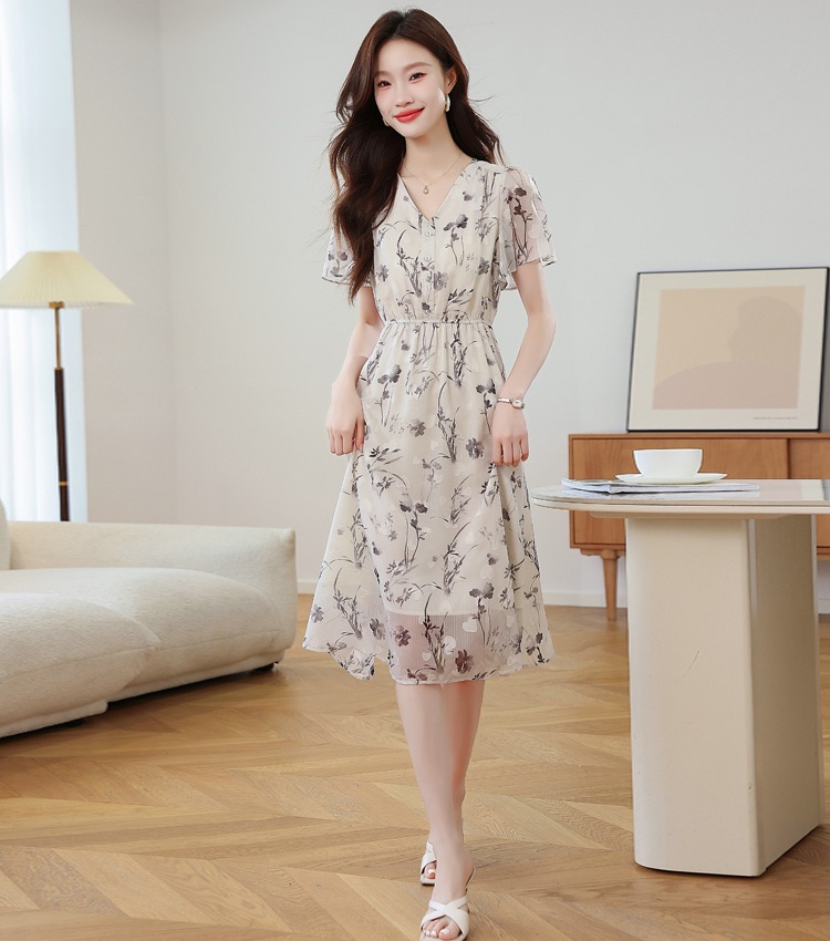 Lotus sleeve printing ink chiffon dress for women