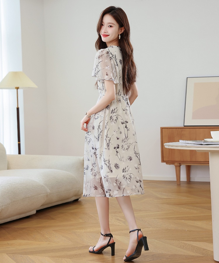 Lotus sleeve printing ink chiffon dress for women