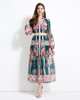 Chiffon lantern sleeve temperament long dress 2pcs set