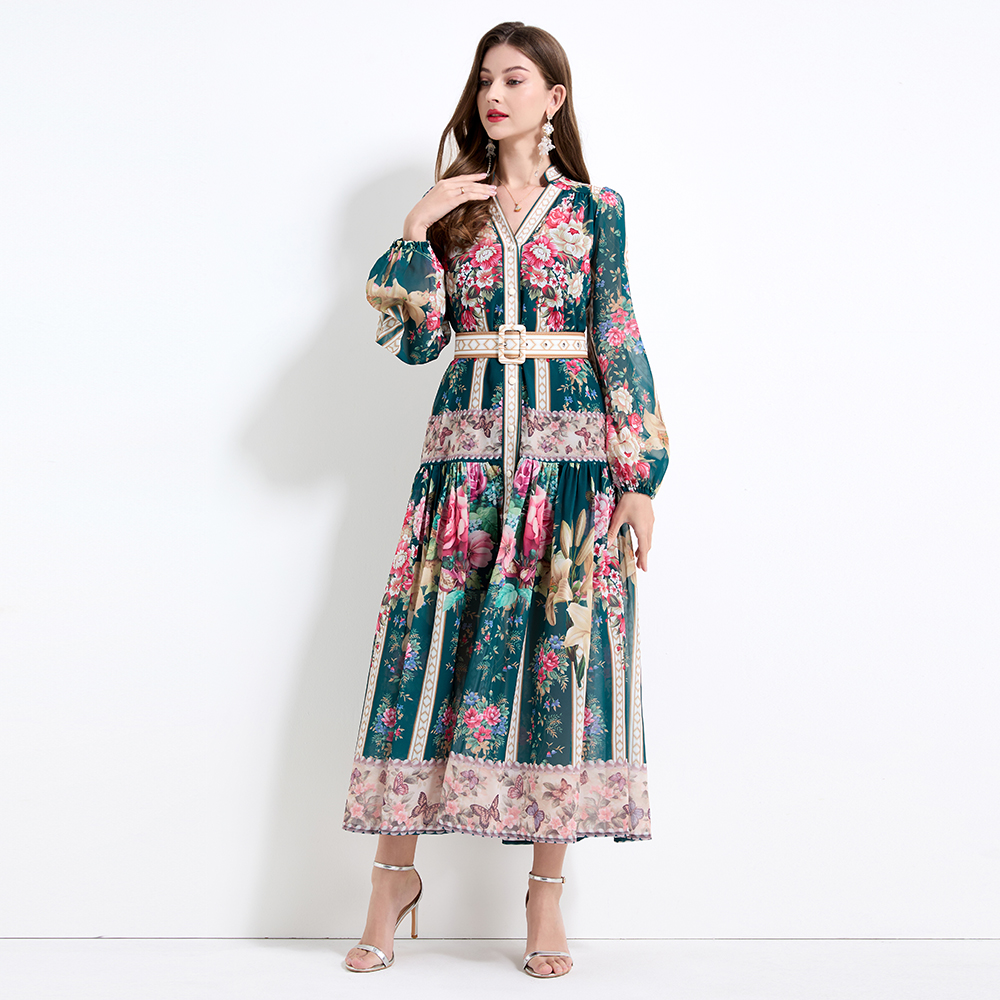 Chiffon lantern sleeve temperament long dress 2pcs set