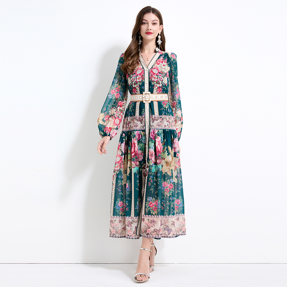 Chiffon lantern sleeve temperament long dress 2pcs set