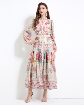 Court style long sleeve printing long dress 2pcs set