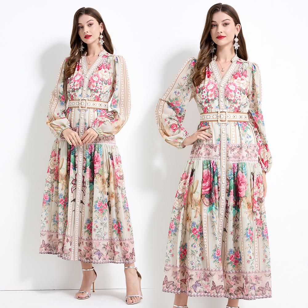 Court style long sleeve printing long dress 2pcs set