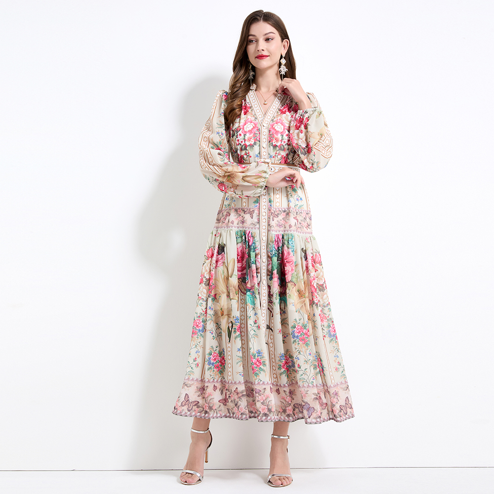 Court style long sleeve printing long dress 2pcs set