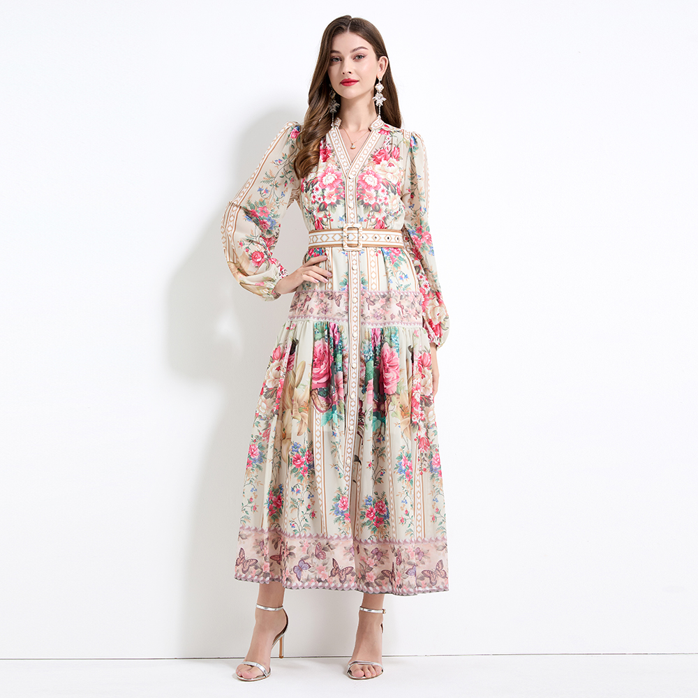 Court style long sleeve printing long dress 2pcs set