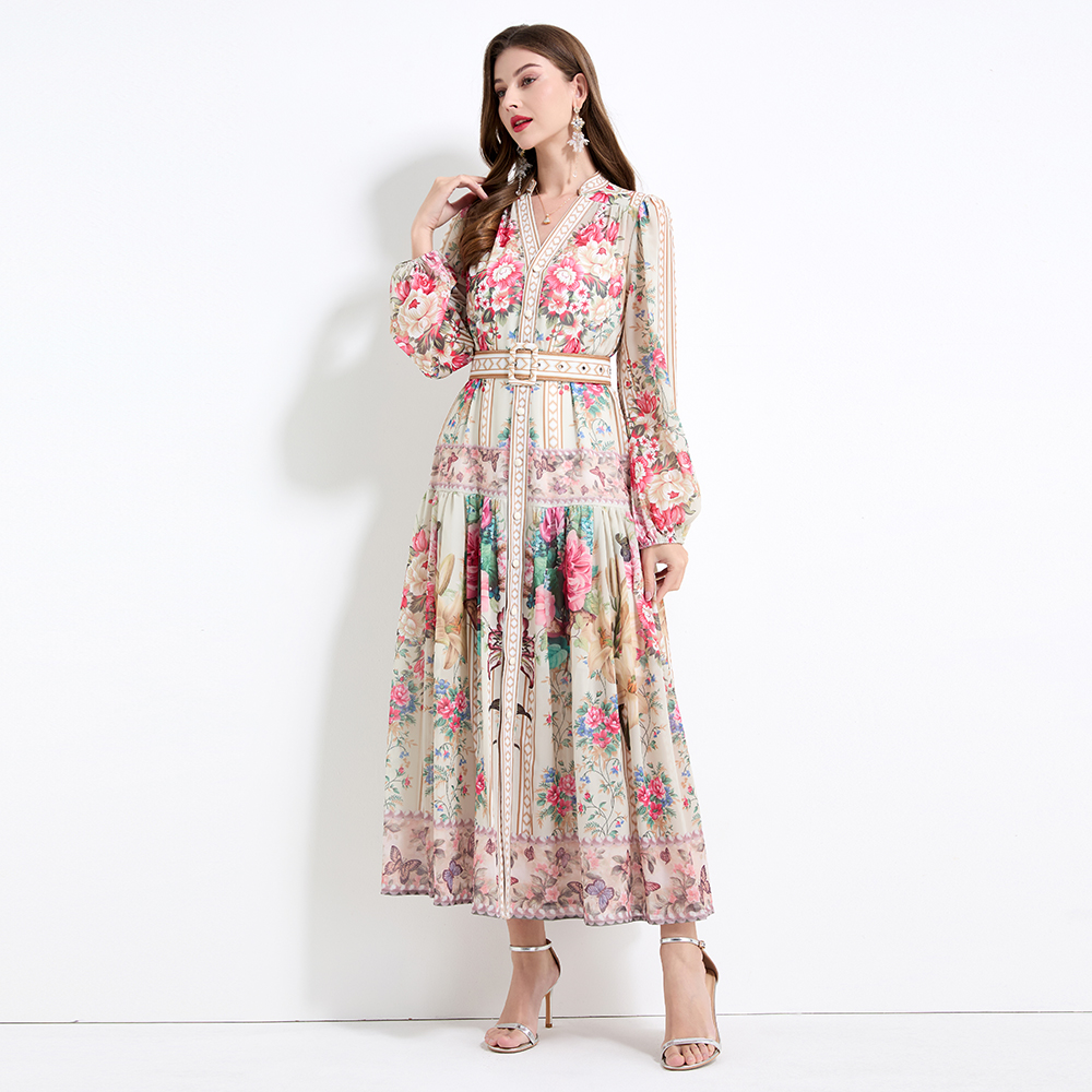 Court style long sleeve printing long dress 2pcs set