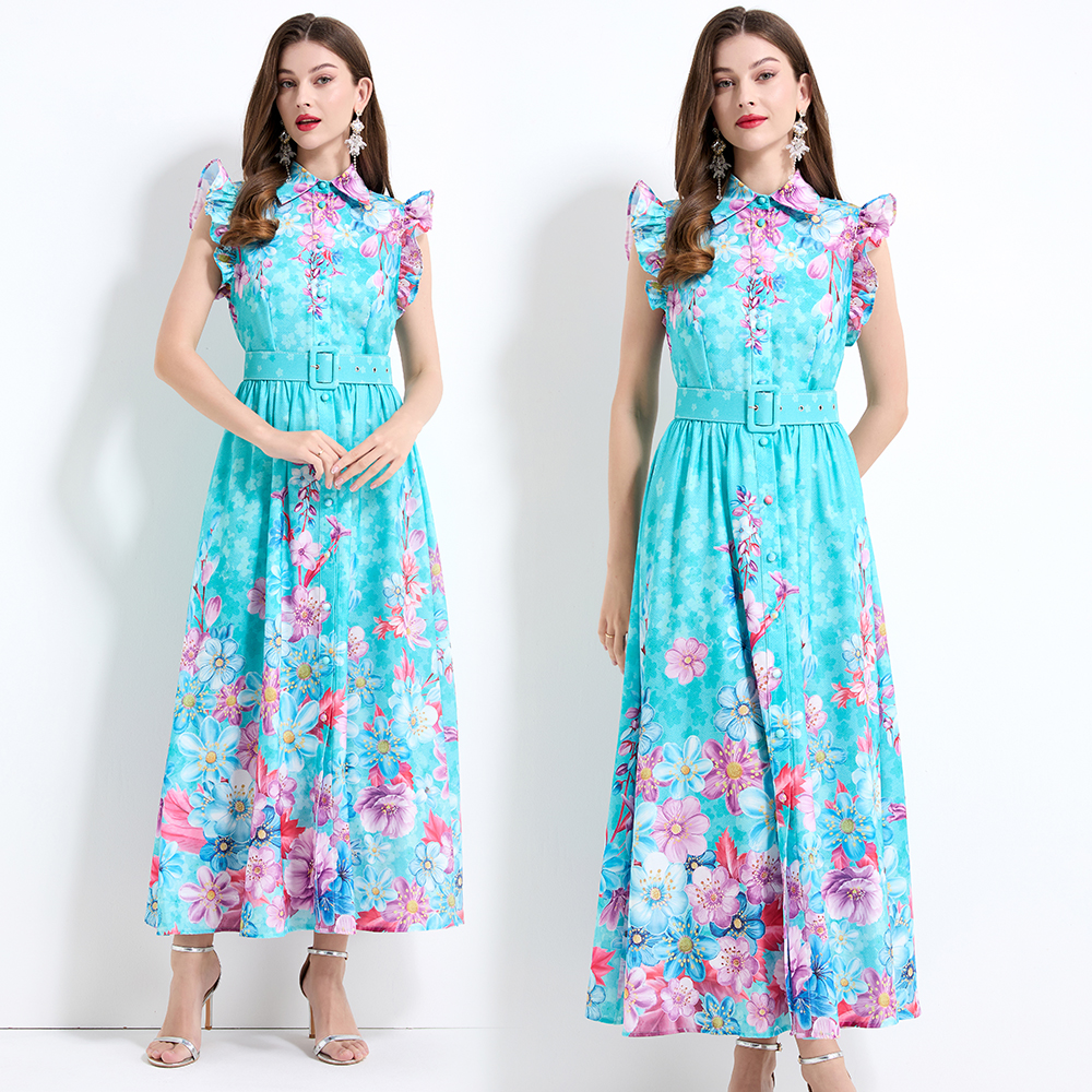 Pinched waist vacation boats sleeve printing dress