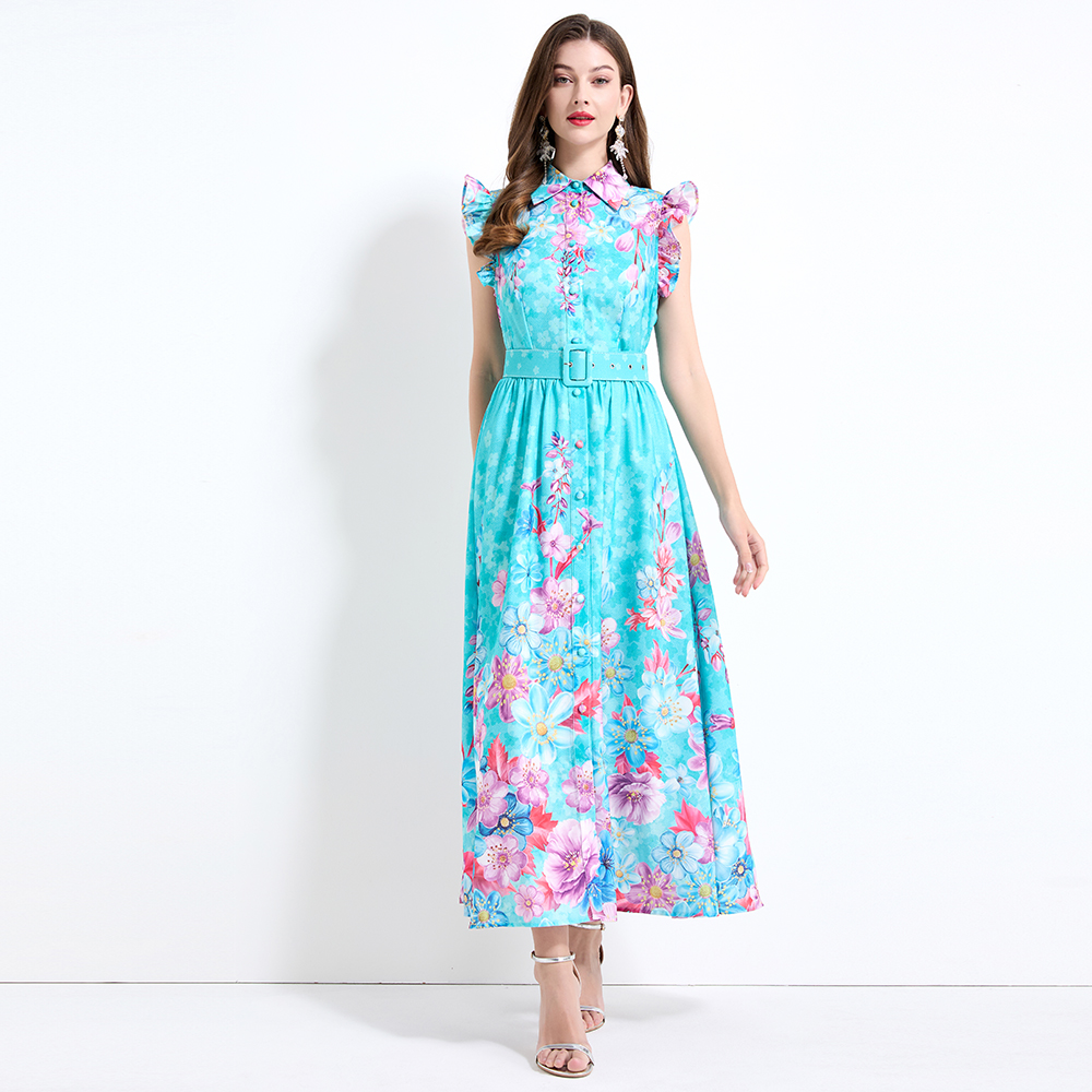 Pinched waist vacation boats sleeve printing dress