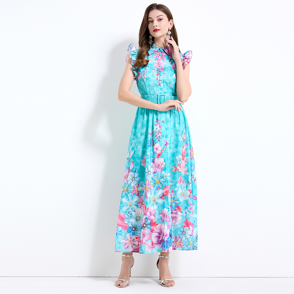 Pinched waist vacation boats sleeve printing dress