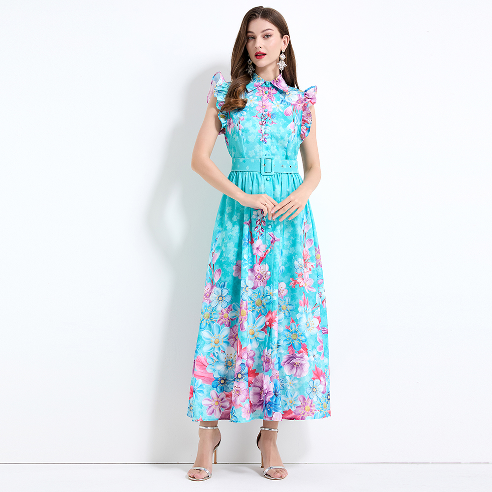 Pinched waist vacation boats sleeve printing dress