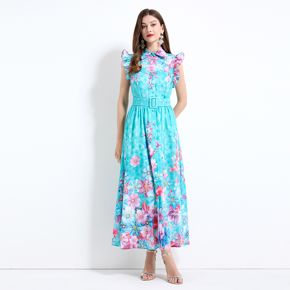 Pinched waist vacation boats sleeve printing dress