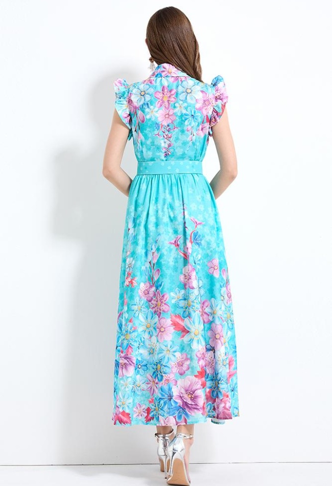 Pinched waist vacation boats sleeve printing dress