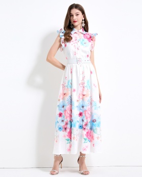 Pinched waist seaside printing vacation colors dress