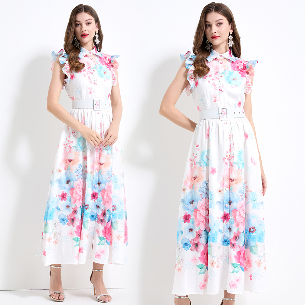 Pinched waist seaside printing vacation colors dress