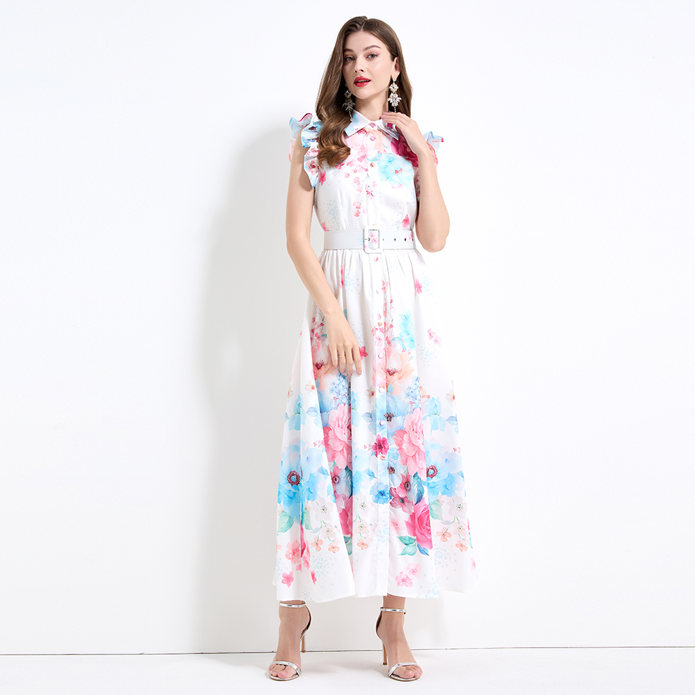 Pinched waist seaside printing vacation colors dress