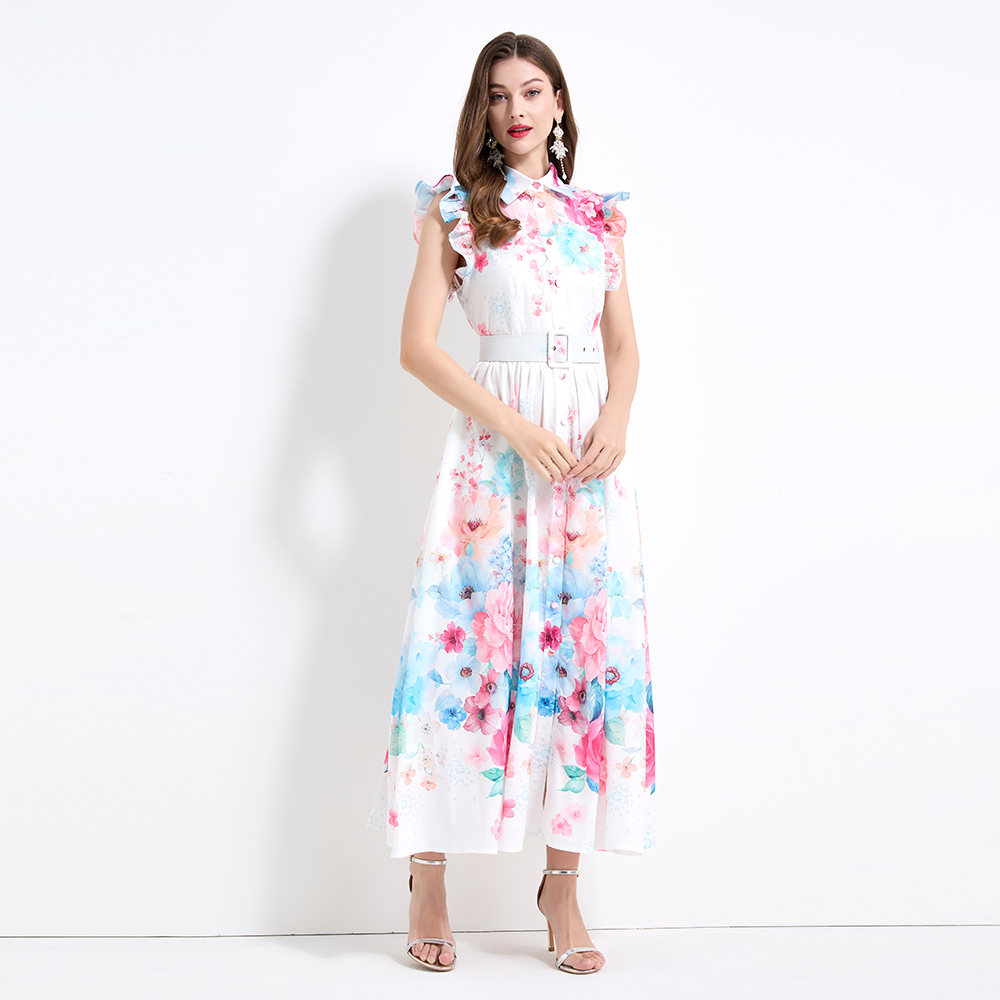 Pinched waist seaside printing vacation colors dress