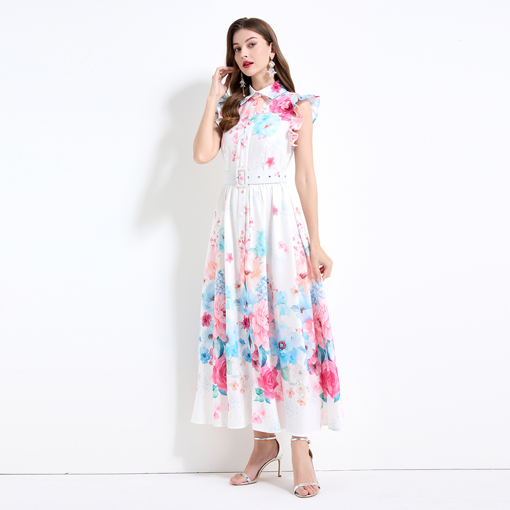 Pinched waist seaside printing vacation colors dress