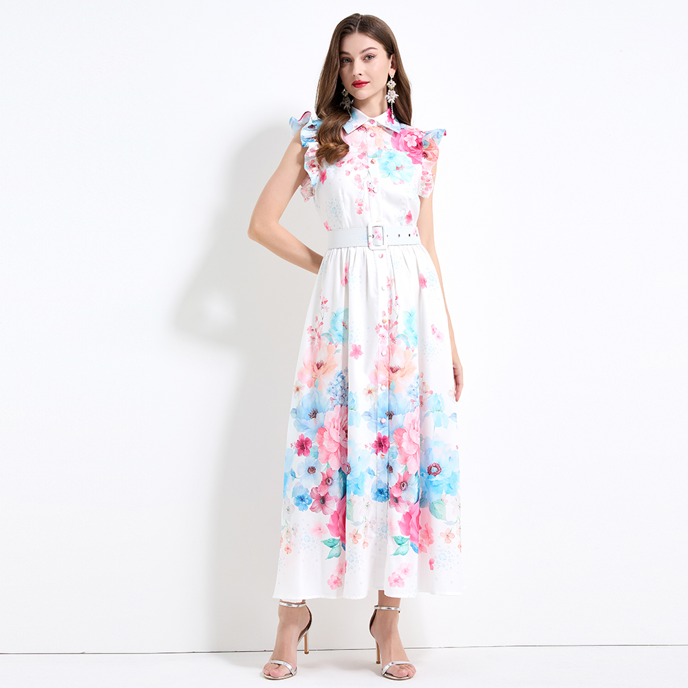 Pinched waist seaside printing vacation colors dress