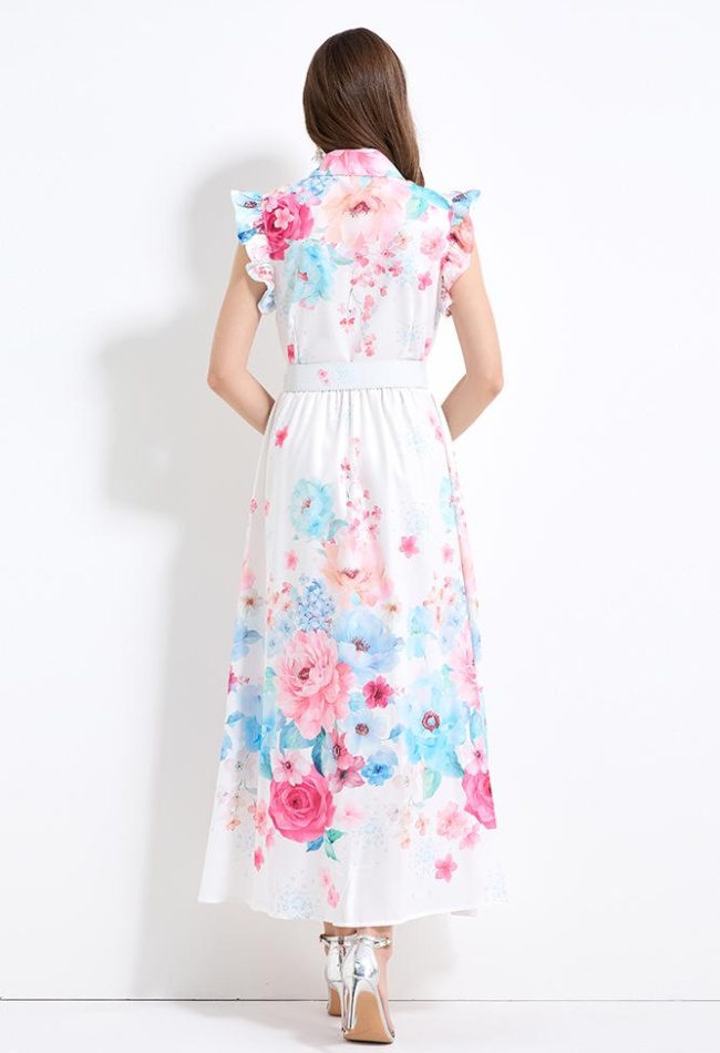 Pinched waist seaside printing vacation colors dress