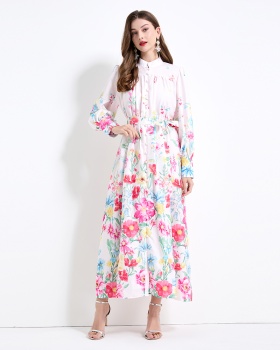 Vacation pinched waist lantern sleeve long dress